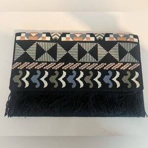 NWT stella & dot ~ taj black embroidered fringe clutch